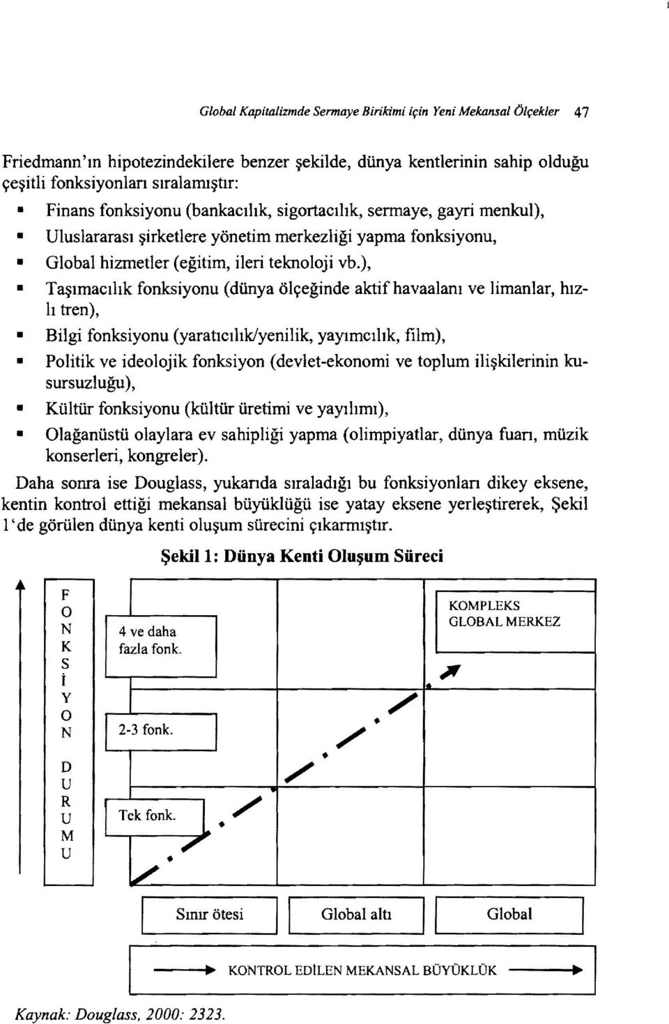 ), Taşımacılık fonksiyonu (dünya ölçeğinde aktif havaalanı ve limanlar, hızlı tren), Bilgi fonksiyonu (yaratıcılık/yenilik, yayımcılık, film), Politik ve ideolojik fonksiyon (devlet-ekonomi ve toplum