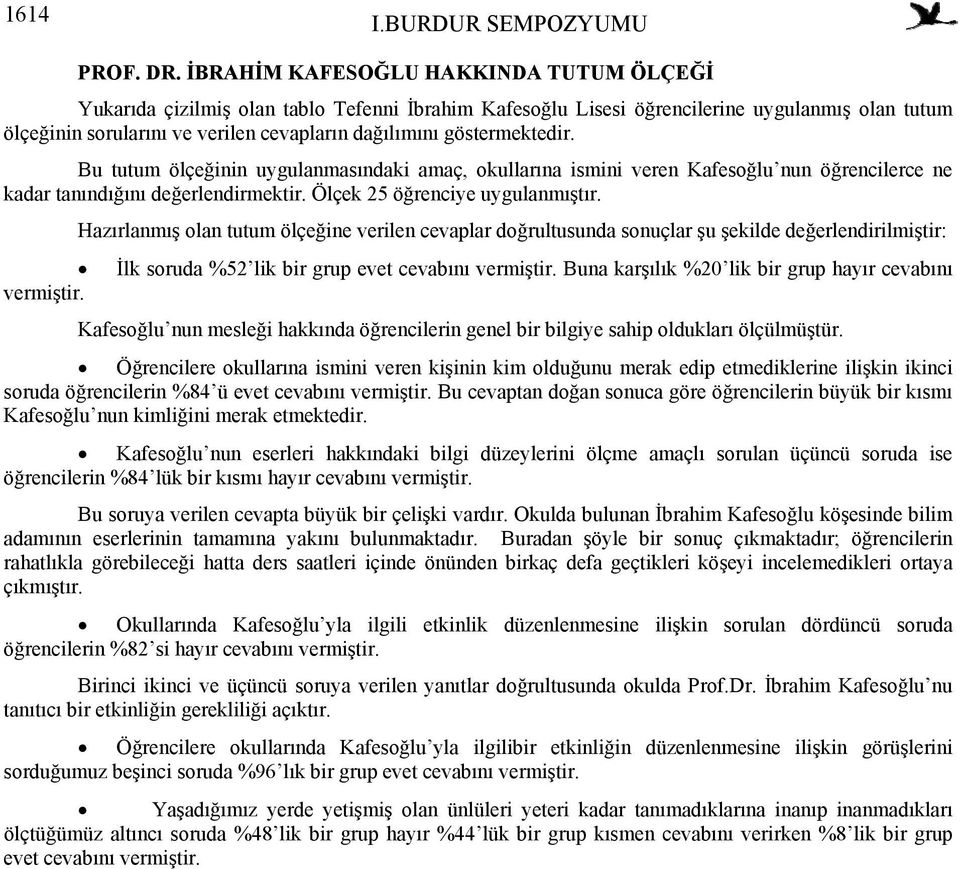 göstermektedir. Bu tutum ölçeğinin uygulanmasındaki amaç, okullarına ismini veren Kafesoğlu nun öğrencilerce ne kadar tanındığını değerlendirmektir. Ölçek 25 öğrenciye uygulanmıştır.