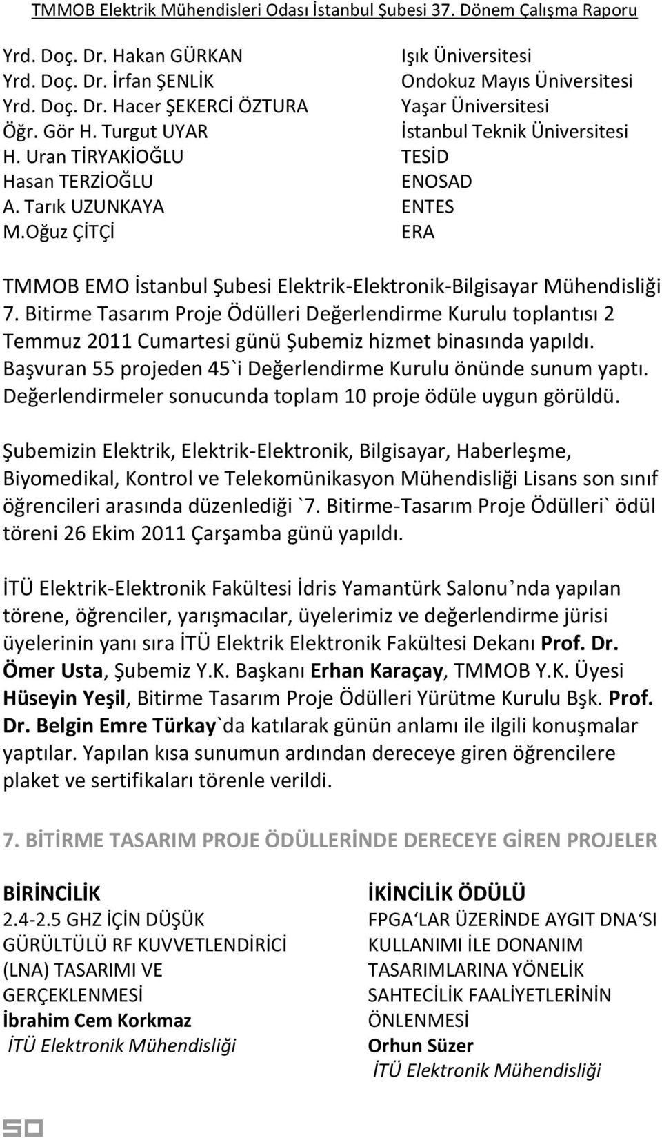 Bitirme Tasarım Proje Ödülleri Değerlendirme Kurulu toplantısı 2 Temmuz 2011 Cumartesi günü Şubemiz hizmet binasında yapıldı. Başvuran 55 projeden 45`i Değerlendirme Kurulu önünde sunum yaptı.