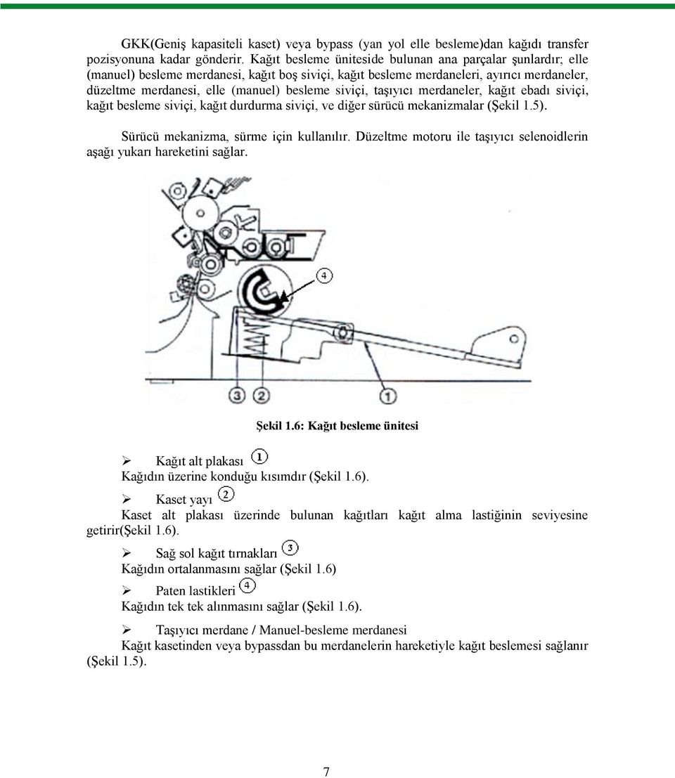 siviçi, taģıyıcı merdaneler, kağıt ebadı siviçi, kağıt besleme siviçi, kağıt durdurma siviçi, ve diğer sürücü mekanizmalar (ġekil 1.5). Sürücü mekanizma, sürme için kullanılır.