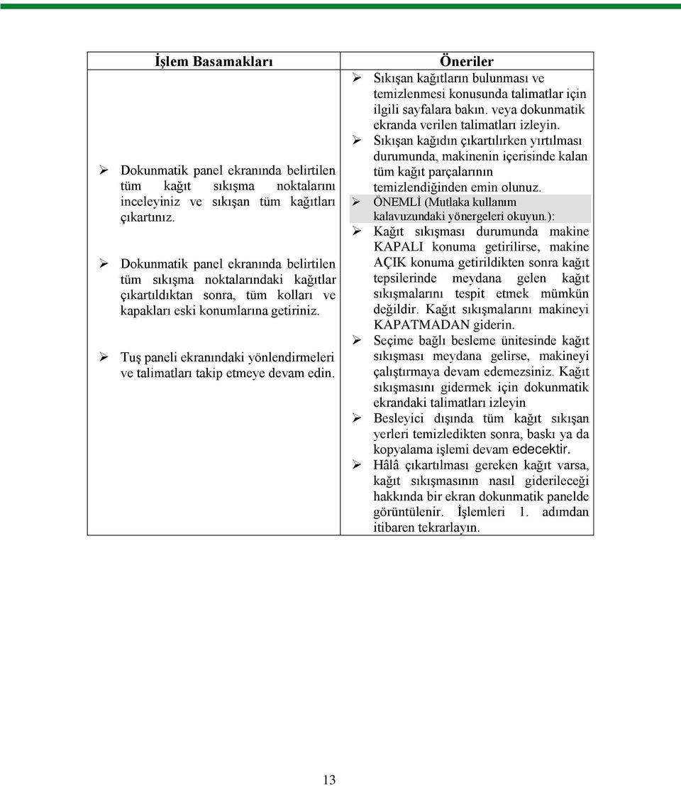 TuĢ paneli ekranındaki yönlendirmeleri ve talimatları takip etmeye devam edin. Öneriler SıkıĢan kağıtların bulunması ve temizlenmesi konusunda talimatlar için ilgili sayfalara bakın.