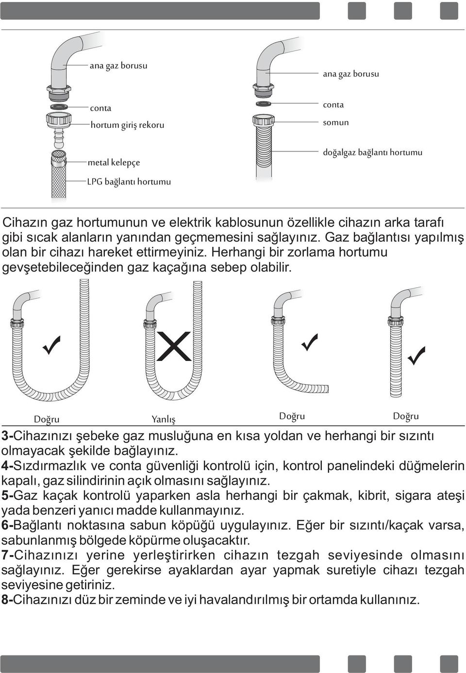 Doğru Yanlış Doğru Doğru 3-C hazınızı şebeke gaz musluğuna en kısa yoldan ve herhang b r sızıntı olmayacak şek lde bağlayınız.