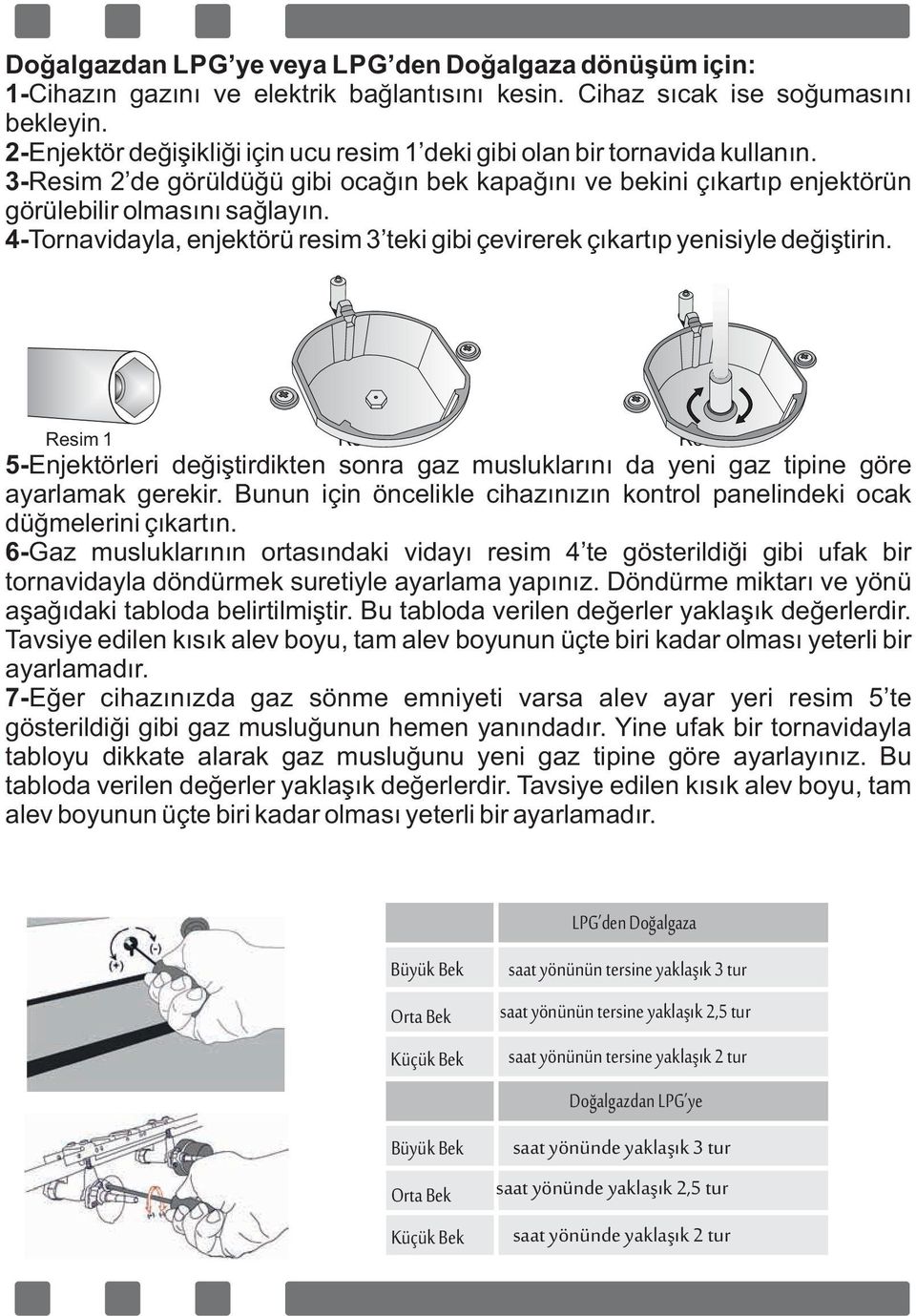 4-Tornav dayla, enjektörü res m 3 tek g b çev rerek çıkartıp yen s yle değ şt r n. Res m 1 Res m 2 Res m 3 5-Enjektörler değ şt rd kten sonra gaz musluklarını da yen gaz t p ne göre ayarlamak gerek r.