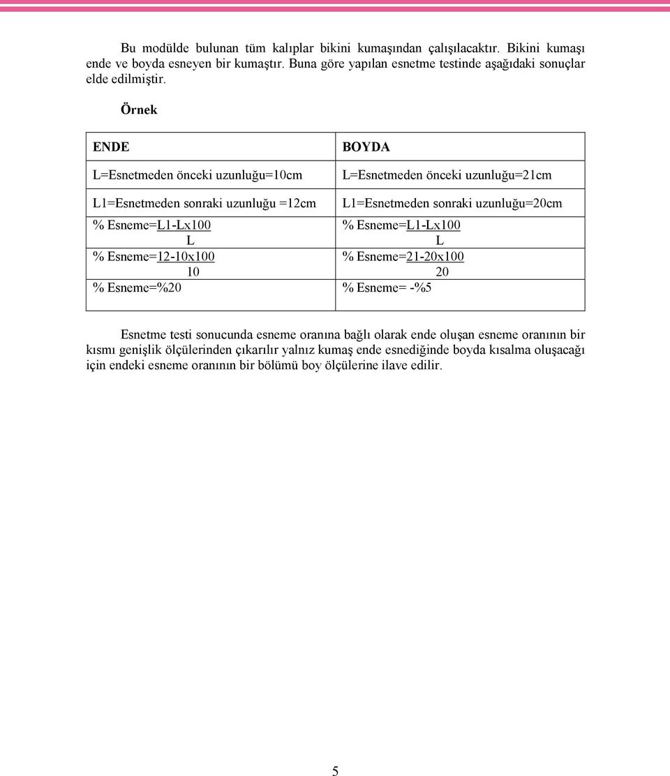 Örnek ENDE L=Esnetmeden önceki uzunluğu=10cm BOYDA L=Esnetmeden önceki uzunluğu=21cm L1=Esnetmeden sonraki uzunluğu =12cm L1=Esnetmeden sonraki uzunluğu=20cm % Esneme=L1-Lx100