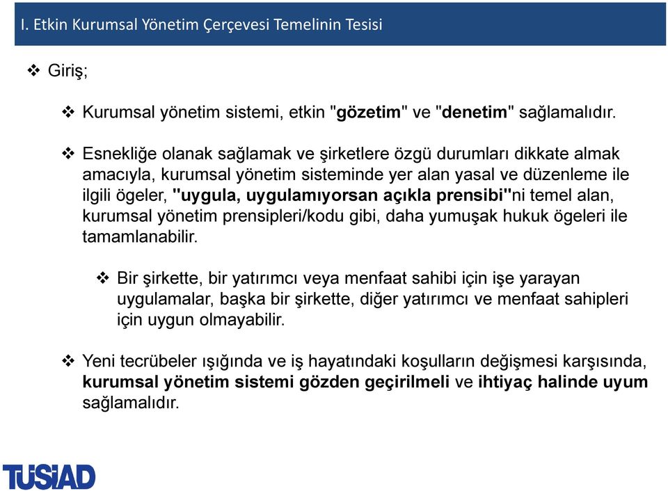 prensibi"ni temel alan, kurumsal yönetim prensipleri/kodu gibi, daha yumuşak hukuk ögeleri ile tamamlanabilir.