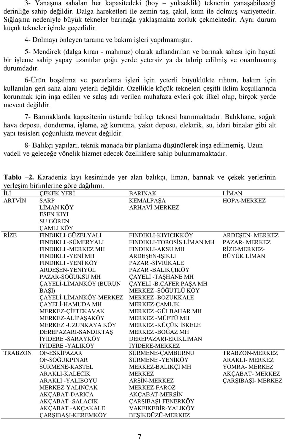 5- Mendirek (dalga kıran - mahmuz) olarak adlandırılan ve barınak sahası için hayati bir işleme sahip yapay uzantılar çoğu yerde yetersiz ya da tahrip edilmiş ve onarılmamış durumdadır.