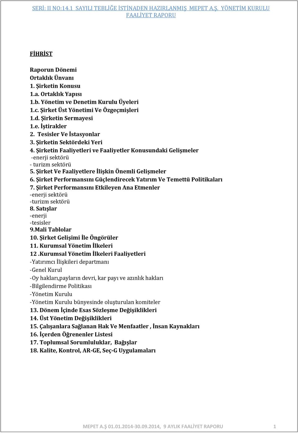 Şirket Ve Faaliyetlere İlişkin Önemli Gelişmeler 6. Şirket Performansını Güçlendirecek Yatırım Ve Temettü Politikaları 7. Şirket Performansını Etkileyen Ana Etmenler -enerji sektörü -turizm sektörü 8.