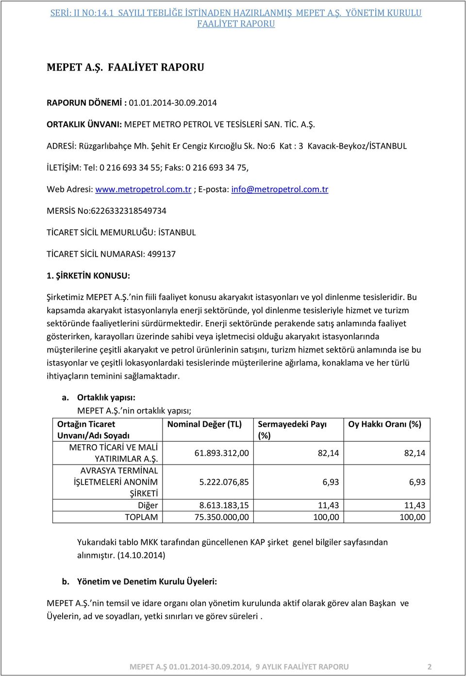 tr ; E-posta: info@metropetrol.com.tr MERSİS No:6226332318549734 TİCARET SİCİL MEMURLUĞU: İSTANBUL TİCARET SİCİL NUMARASI: 499137 1. Şİ