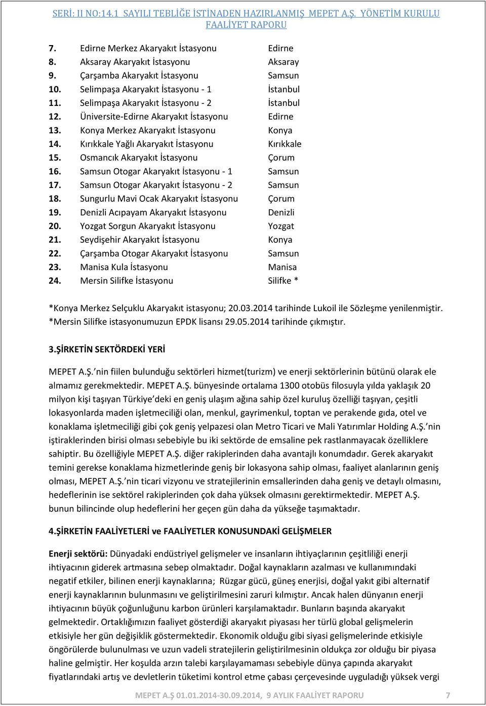 Osmancık Akaryakıt İstasyonu Çorum 16. Samsun Otogar Akaryakıt İstasyonu - 1 Samsun 17. Samsun Otogar Akaryakıt İstasyonu - 2 Samsun 18. Sungurlu Mavi Ocak Akaryakıt İstasyonu Çorum 19.