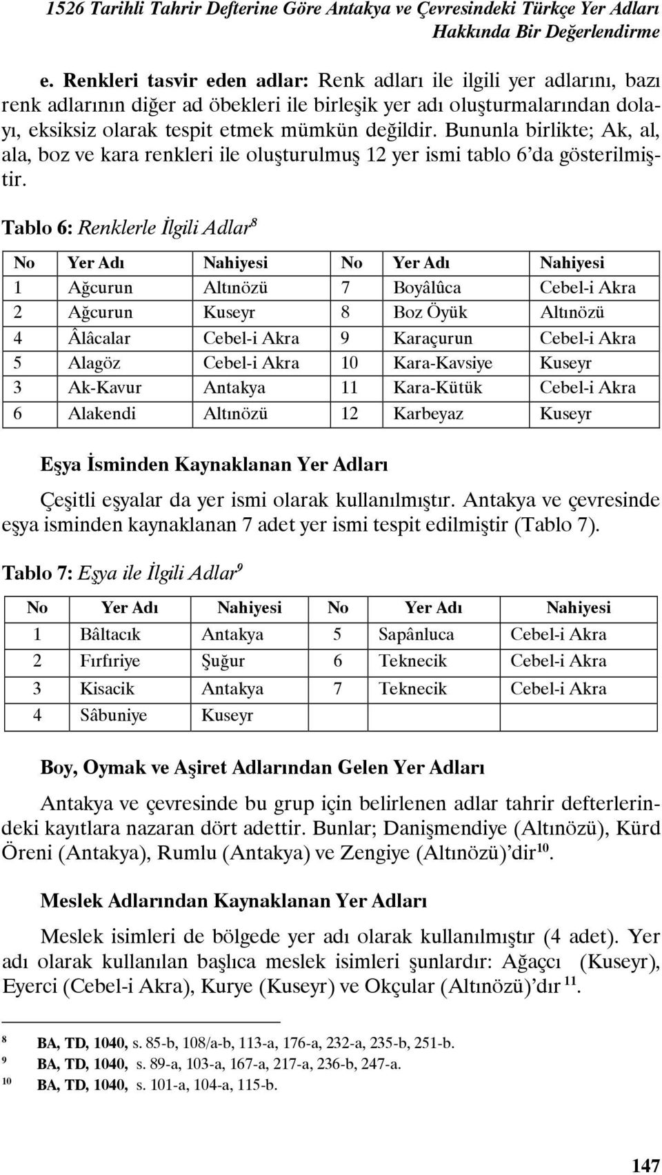 Bununla birlikte; Ak, al, ala, boz ve kara renkleri ile oluşturulmuş 12 yer ismi tablo 6 da gösterilmiştir.