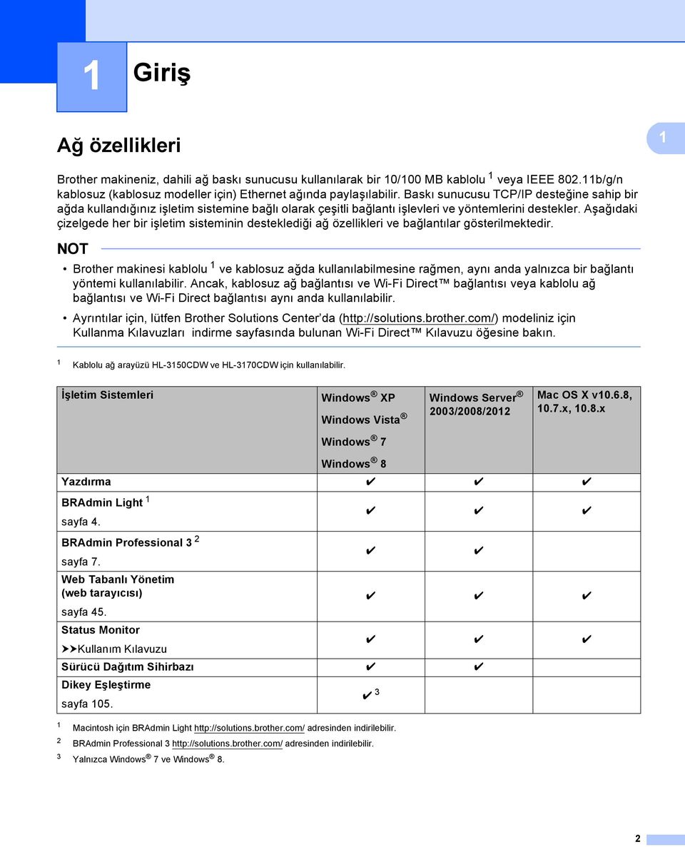 Aşağıdaki çizelgede her bir işletim sisteminin desteklediği ağ özellikleri ve bağlantılar gösterilmektedir.