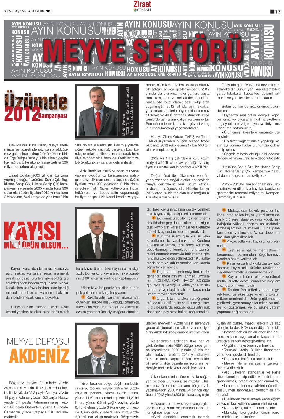 Odaları 2005 yılından bu yana yapmış olduğu, Ürününe Sahip Çık, Teşkilatına Sahip Çık, Ülkene Sahip Çık kampanyası sayesinde 2005 yılında tonu 900 dolar olan üzüm fi yatları 2012 yılında tonu 3 bin