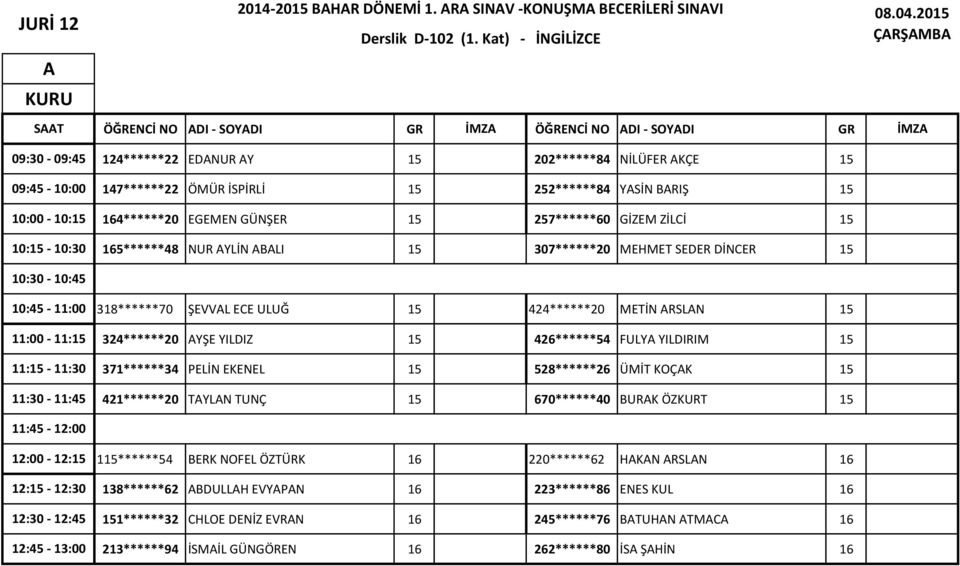 YLİN BLI 15 307******20 MEHMET SEDER DİNCER 15 318******70 ŞEVVL ECE ULUĞ 15 424******20 METİN RSLN 15 324******20 YŞE YILDIZ 15 426******54 FULY YILDIRIM 15 371******34 PELİN EKENEL 15