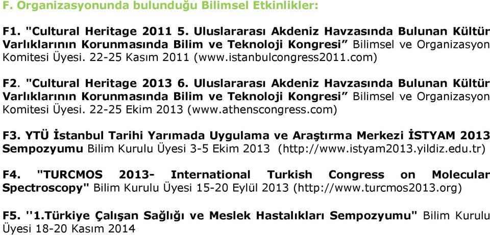 "Cultural Heritage 2013 6. Uluslararası Akdeniz Havzasında Bulunan Kültür Varlıklarının Korunmasında Bilim ve Teknoloji Kongresi Bilimsel ve Organizasyon Komitesi Üyesi. 22-25 Ekim 2013 (www.