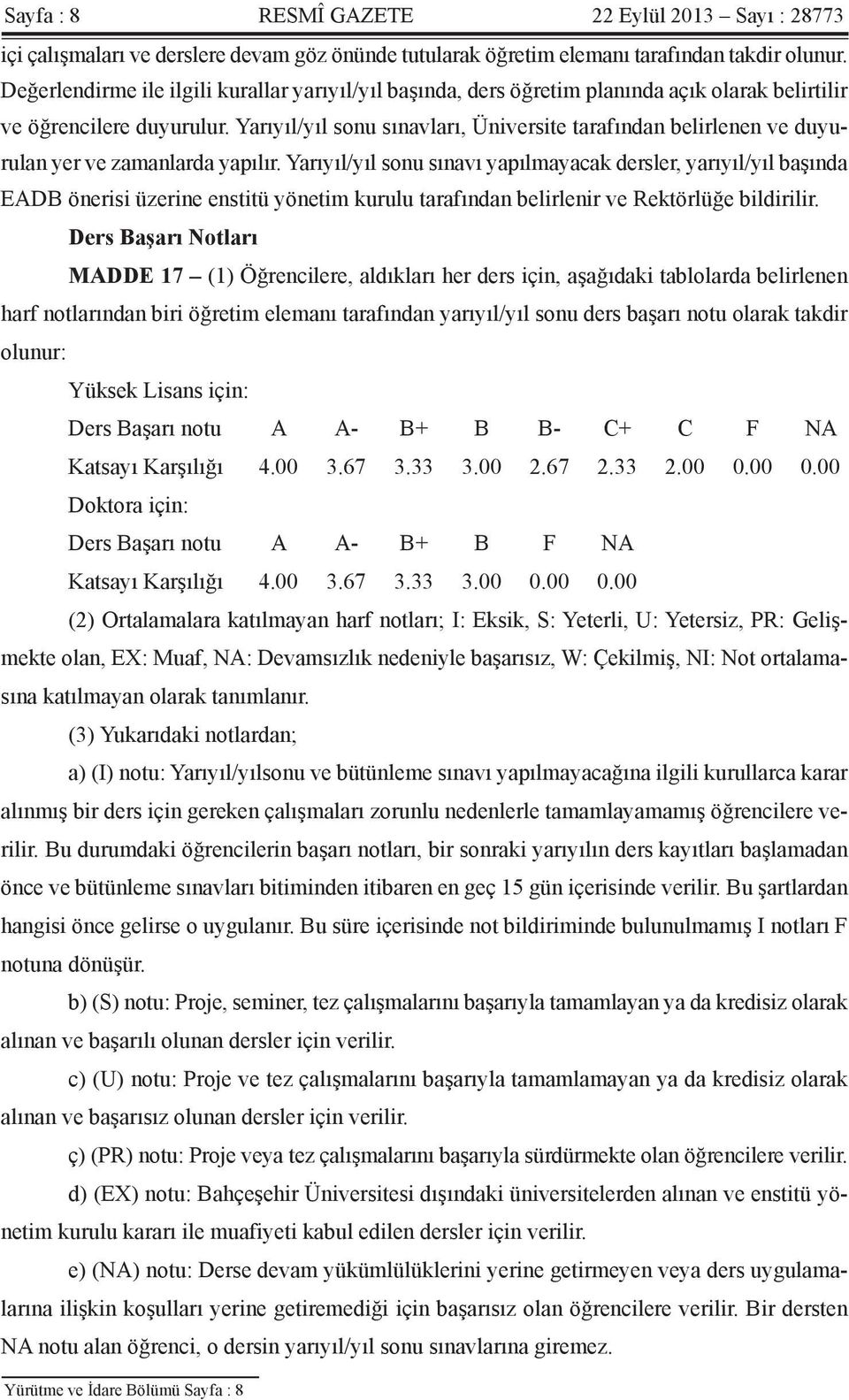 Yarıyıl/yıl sonu sınavları, Üniversite tarafından belirlenen ve duyurulan yer ve zamanlarda yapılır.