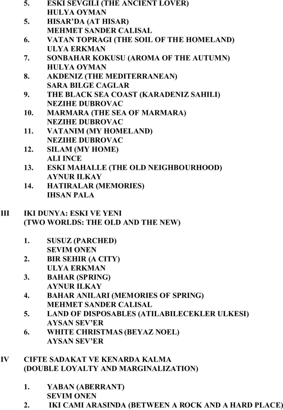 MARMARA (THE SEA OF MARMARA) NEZIHE DUBROVAC 11. VATANIM (MY HOMELAND) NEZIHE DUBROVAC 12. SILAM (MY HOME) ALI INCE 13. ESKI MAHALLE (THE OLD NEIGHBOURHOOD) AYNUR ILKAY 14.