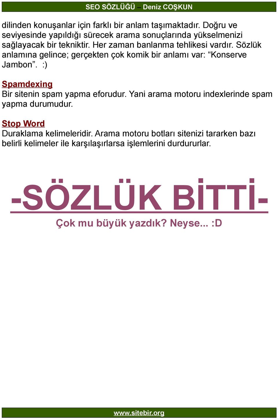 Sözlük anlamına gelince; gerçekten çok komik bir anlamı var: Konserve Jambon. :) Spamdexing Bir sitenin spam yapma eforudur.