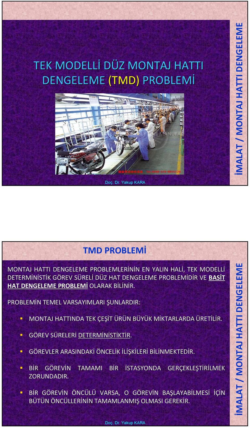 B PROBLEMİN N TEMEL VARSAYIMLARI ŞUNLARDIR: MONTAJ HATTINDA TEK ÇEŞİT ÜRÜN N BÜYÜK B K MİKTARLARDA M ÜRETİLİR. R. GÖREV SÜRELERS RELERİ DETERMİNİST STİKTİR.