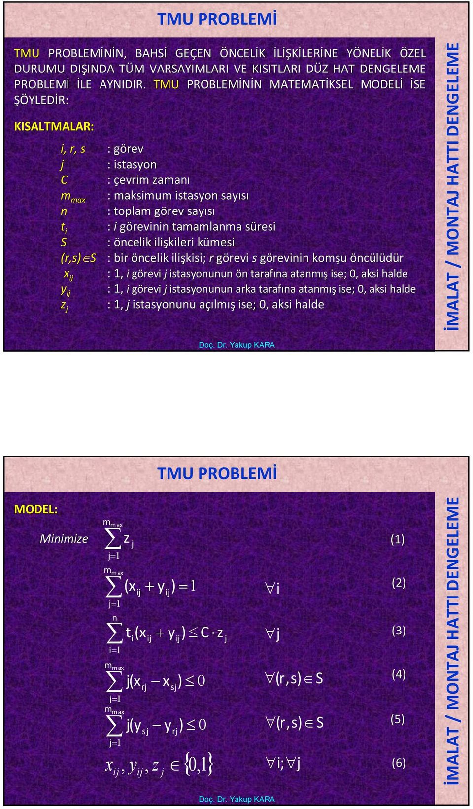 tamamlanma süresis S : öncelik ilişkileri kümesik (r,s)s : bir öncelik ilişkisi; r görevi s görevinin komşu öncülüdür x ij :, i görevi j istasyonunun ön n tarafına atanmış ise; 0, aksi halde y ij :,