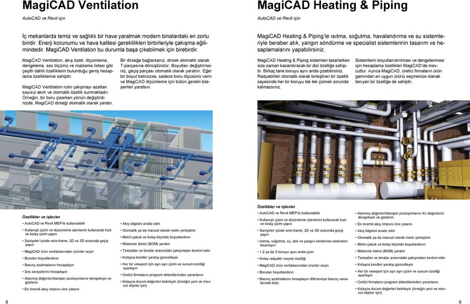 MagiCAD Heating & Piping le ısıtma, soğutma, havalandırma ve su sistemleriyle beraber atık, yangın söndürme ve specialist sistemlerinin tasarım ve hesaplamalarını yapabilirsiniz.