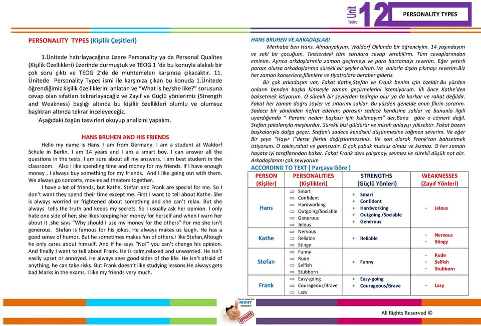 çıkacaktır. 11. Ünitede Personality Types ismi ile karşınıza çıkan bu konuda 1.Ünitede öğrendiğimiz kişilik özelliklerini anlatan ve What is he/she like?