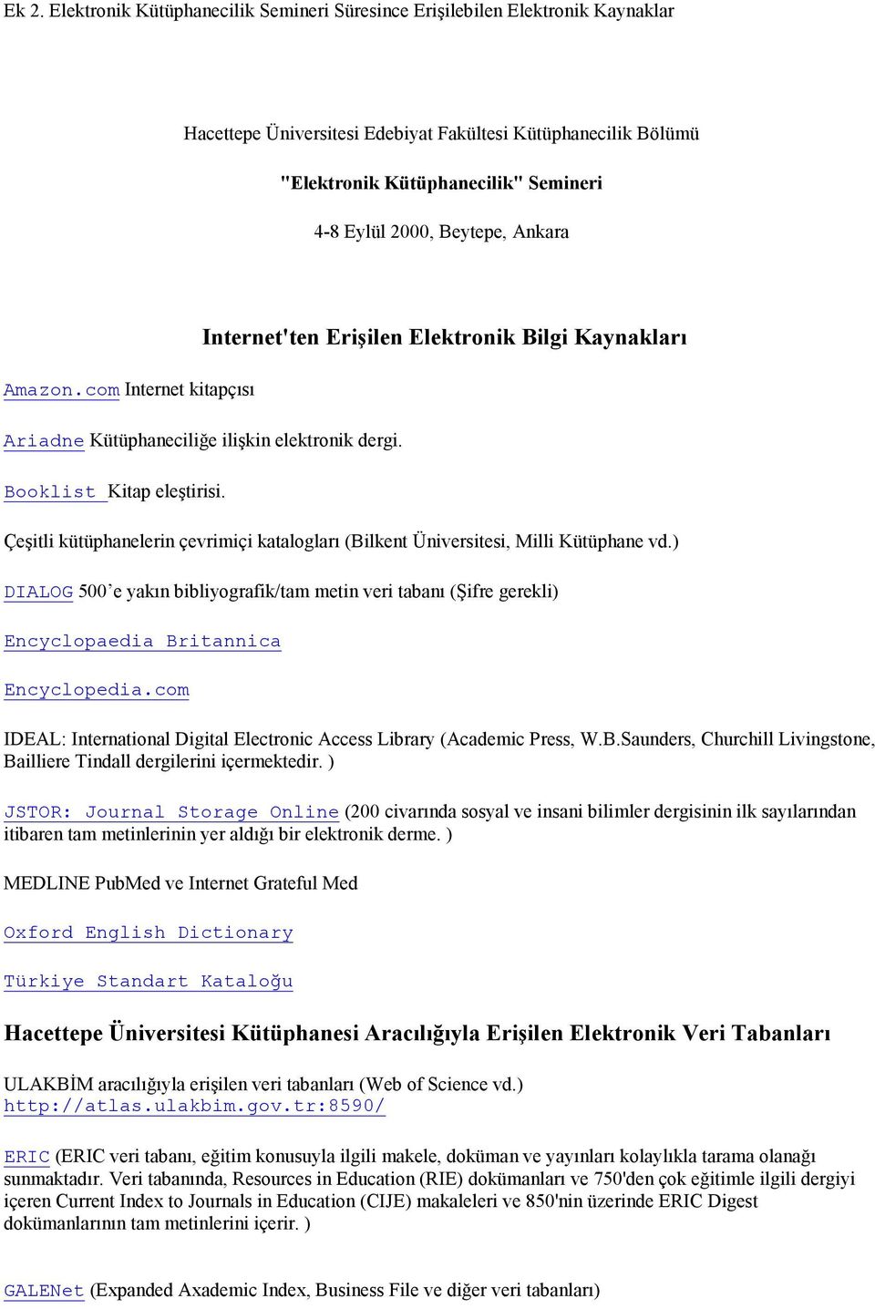 Çeşitli kütüphanelerin çevrimiçi katalogları (Bilkent Üniversitesi, Milli Kütüphane vd.) DIALOG 500 e yakın bibliyografik/tam metin veri tabanı (Şifre gerekli) Encyclopaedia Britannica Encyclopedia.