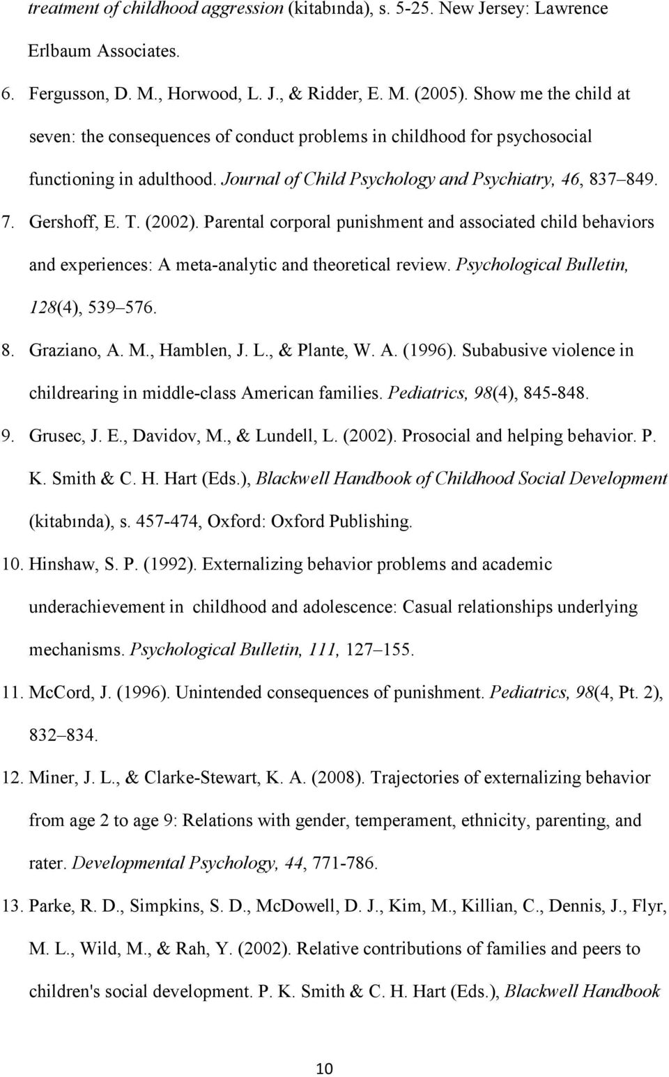 (2002). Parental corporal punishment and associated child behaviors and experiences: A meta-analytic and theoretical review. Psychological Bulletin, 128(4), 539 576. 8. Graziano, A. M., Hamblen, J. L.