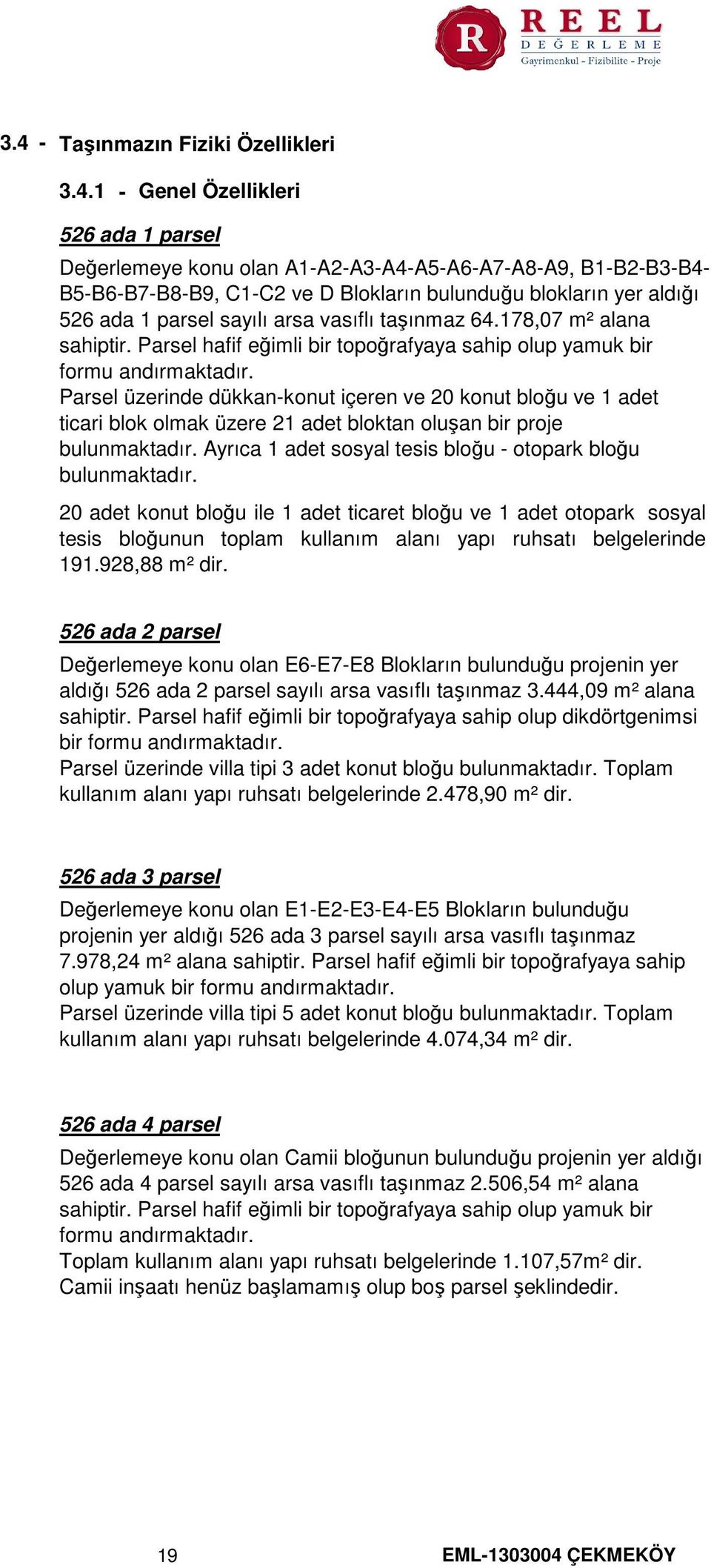 Parsel üzerinde dükkan-konut içeren ve 20 konut bloğu ve 1 adet ticari blok olmak üzere 21 adet bloktan oluşan bir proje bulunmaktadır. Ayrıca 1 adet sosyal tesis bloğu - otopark bloğu bulunmaktadır.