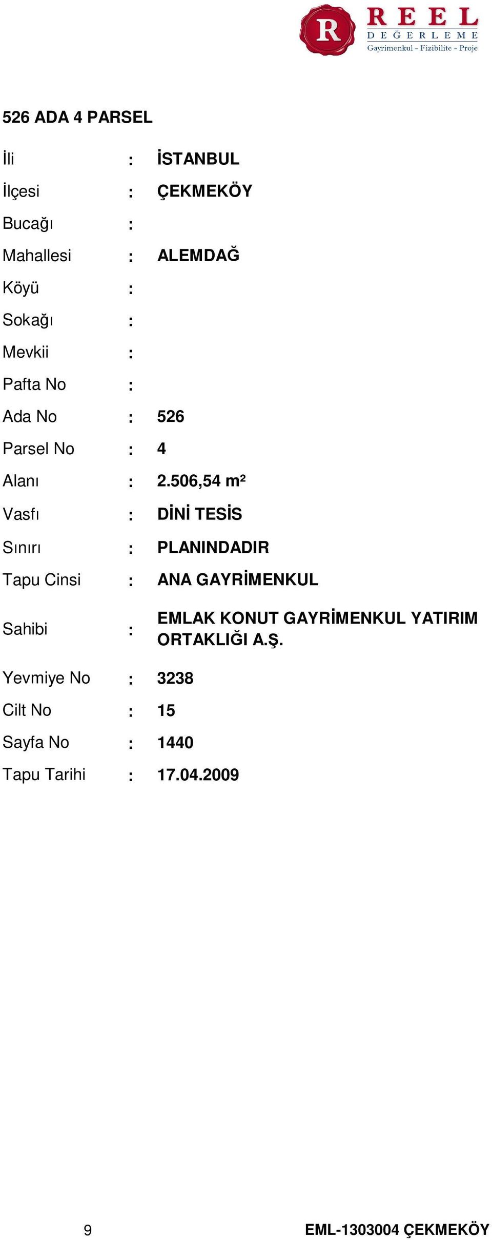 506,54 m² Vasfı Sınırı Tapu Cinsi Sahibi DİNİ TESİS PLANINDADIR ANA GAYRİMENKUL EMLAK