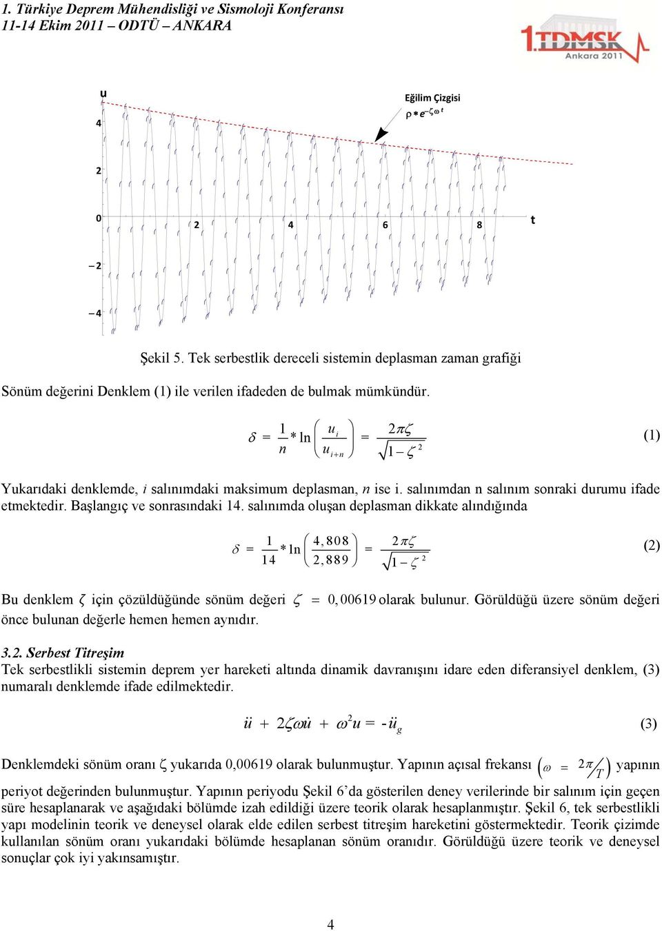 salınımda oluşan deplasman dikkate alındığında 1 4,808 = *ln = 14,889 1 () Bu denklem için çözüldüğünde sönüm değeri 0,00619 olarak bulunur.