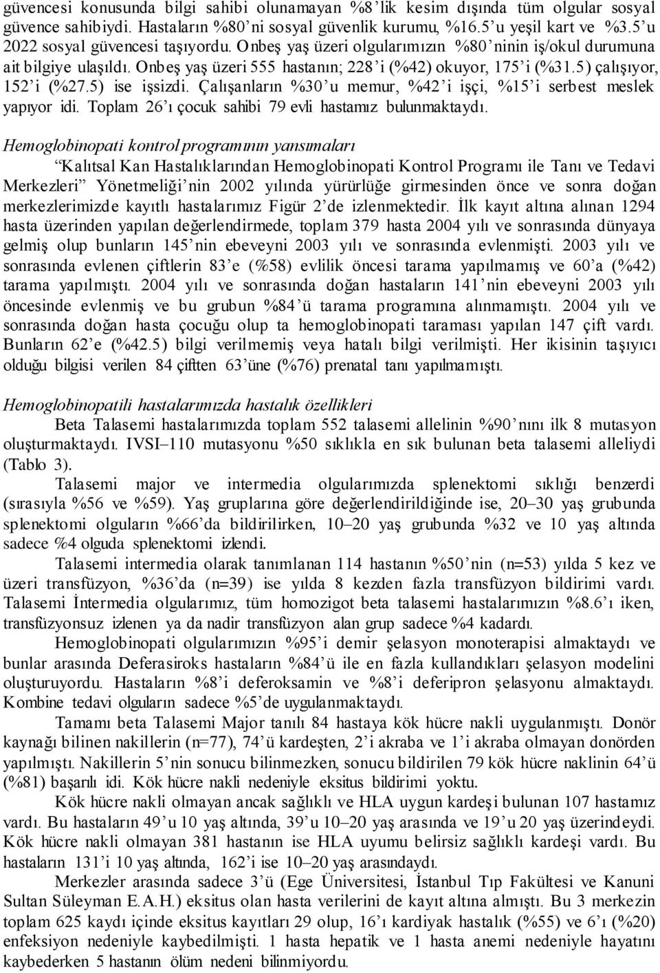 5) çalışıyor, 152 i (%27.5) ise işsizdi. Çalışanların %30 u memur, %42 i işçi, %15 i serbest meslek yapıyor idi. Toplam 26 ı çocuk sahibi 79 evli hastamız bulunmaktaydı.