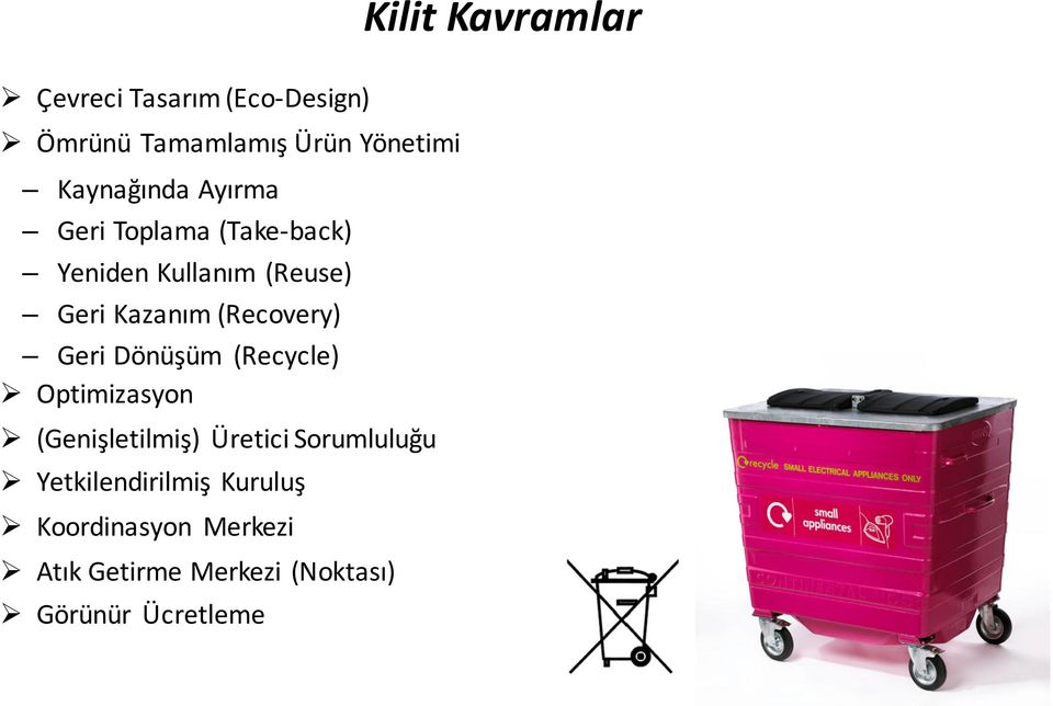 (Recovery) Geri Dönüşüm (Recycle) Ø Optimizasyon Ø (Genişletilmiş) Üretici Sorumluluğu Ø