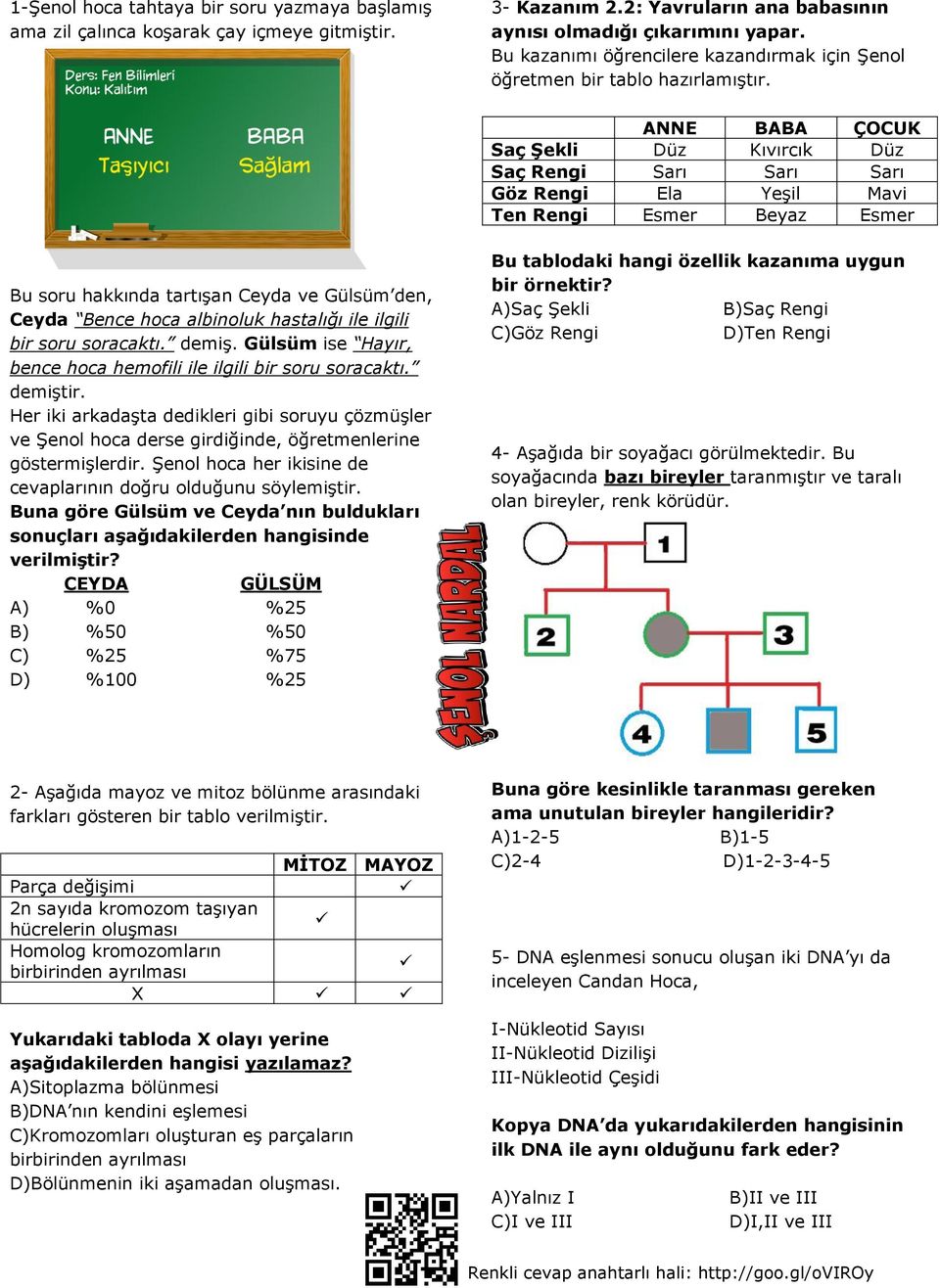 ANNE BABA ÇOCUK Saç Şekli Düz Kıvırcık Düz Saç Rengi Sarı Sarı Sarı Göz Rengi Ela Yeşil Mavi Ten Rengi Esmer Beyaz Esmer Bu soru hakkında tartışan Ceyda ve Gülsüm den, Ceyda Bence hoca albinoluk