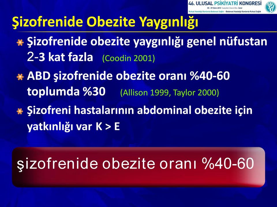 60 toplumda %30 (Allison 1999, Taylor 2000) Şizofreni hastalarının