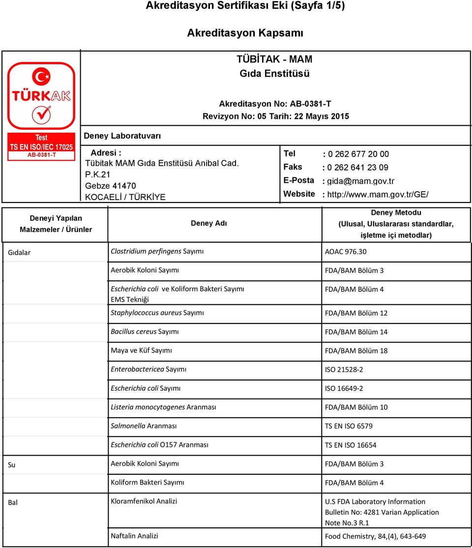 30 Aerobik Koloni Sayımı FDA/BAM Bölüm 3 Escherichia coli ve Koliform Bakteri Sayımı EMS Tekniği FDA/BAM Bölüm 4 Staphylococcus aureus Sayımı FDA/BAM Bölüm 12 Bacillus cereus Sayımı FDA/BAM Bölüm 14