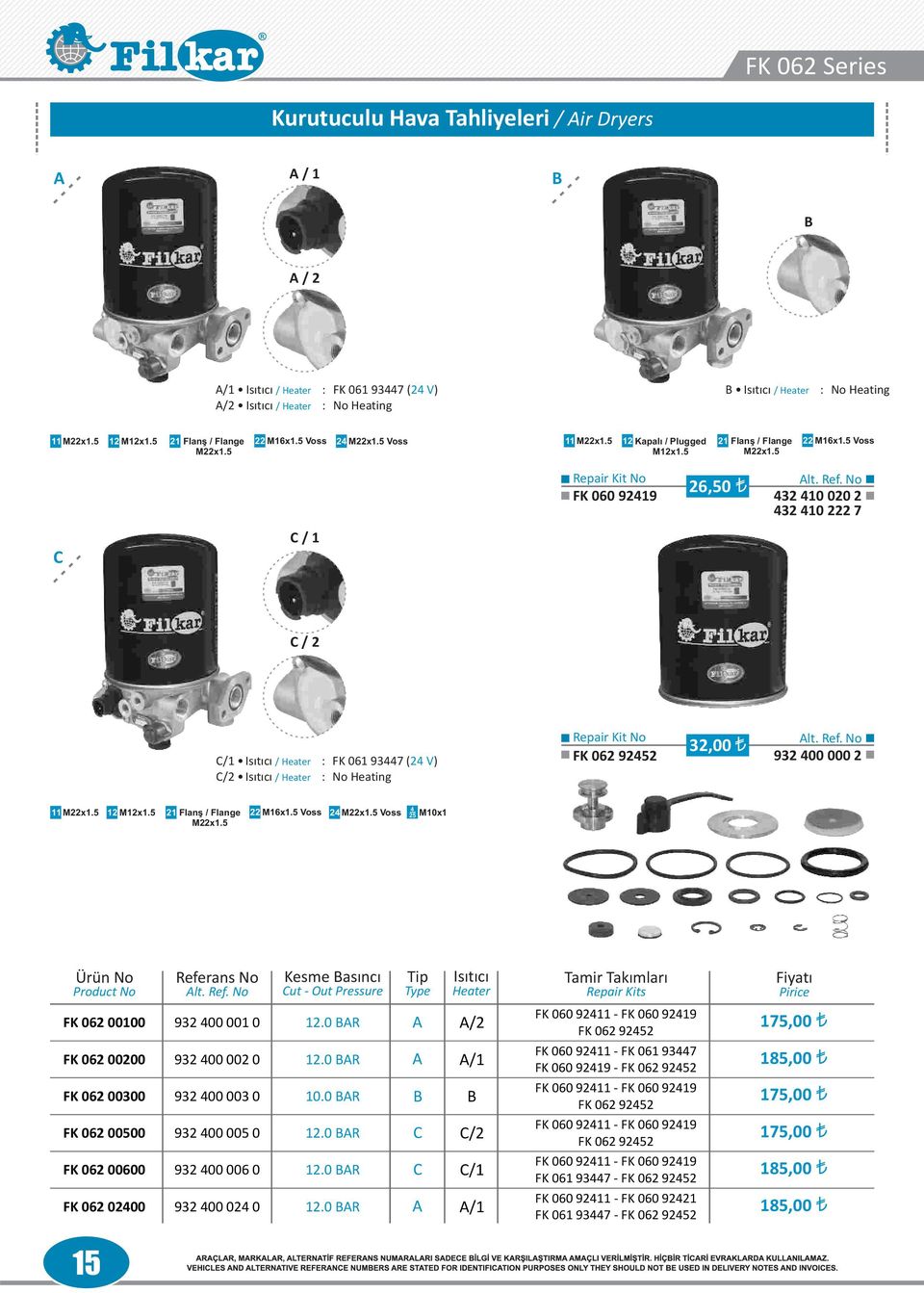 5 Voss 24 M22x1.5 Voss 11 M22x1.5 12 Kapalı / Plugged 21 Flanş / Flange M12x1.5 M22x1.5 22 M16x1.