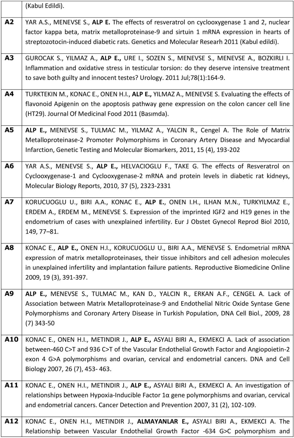 Genetics and Molecular Researh 2011 (Kabul edildi). A3 GUROCAK S., YILMAZ A., ALP E., URE I., SOZEN S., MENEVSE S., MENEVSE A., BOZKIRLI I.