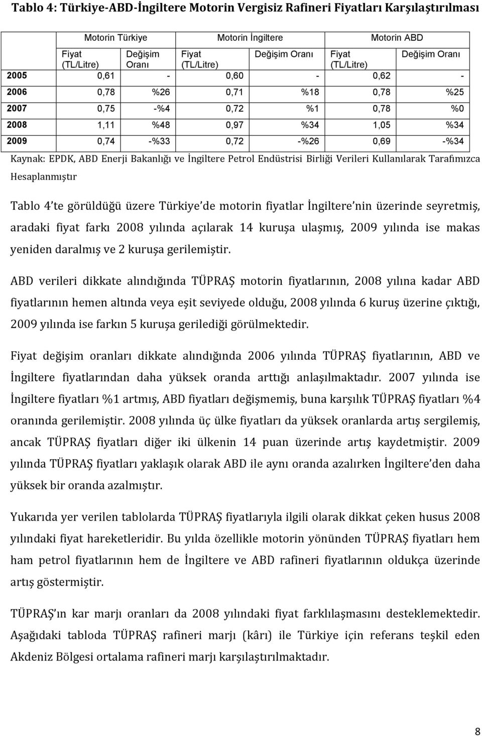 Enerji Bakanlığı ve İngiltere Petrol Endüstrisi Birliği Verileri Kullanılarak Tarafımızca Hesaplanmıştır Tablo 4 te görüldüğü üzere Türkiye de motorin fiyatlar İngiltere nin üzerinde seyretmiş,