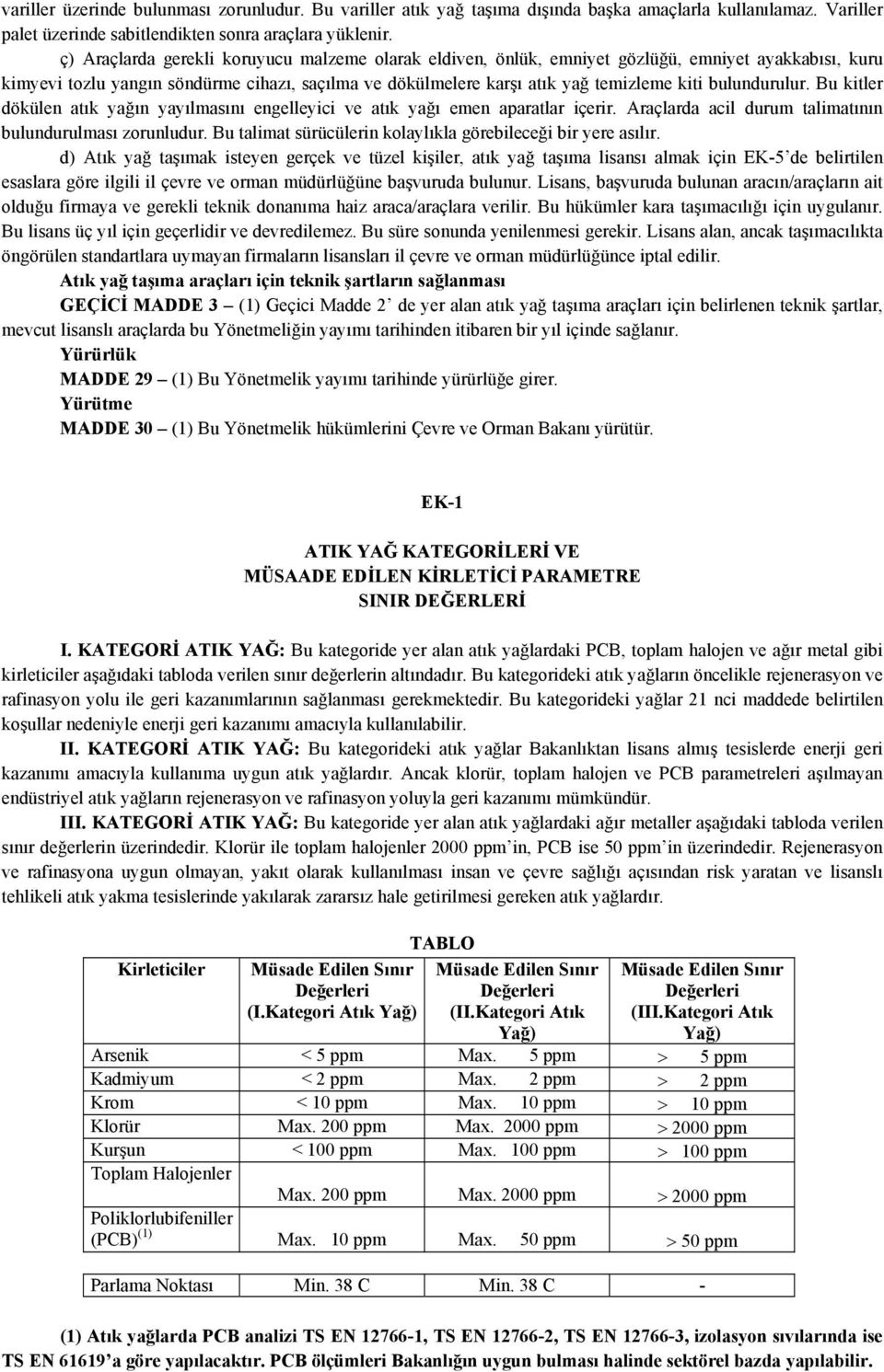 bulundurulur. Bu kitler dökülen atık yağın yayılmasını engelleyici ve atık yağı emen aparatlar içerir. Araçlarda acil durum talimatının bulundurulması zorunludur.