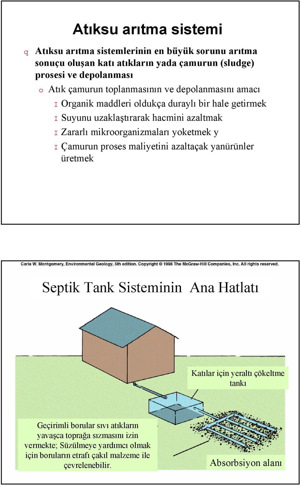 mikroorganizmaları yoketmek y Çamurun proses maliyetini azaltaçak yanürünler üretmek Septik Tank Sisteminin Ana Hatlatı Katılar için yeraltı çökeltme tankı