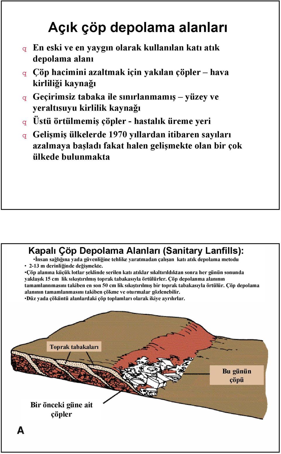 Kapalı Çöp Depolama Alanları (Sanitary Lanfills): İnsan sağlığına yada güvenliğine tehlike yaratmadan çalışan katı atık depolama metodu 2-13 m derinliğinde değişmekte.