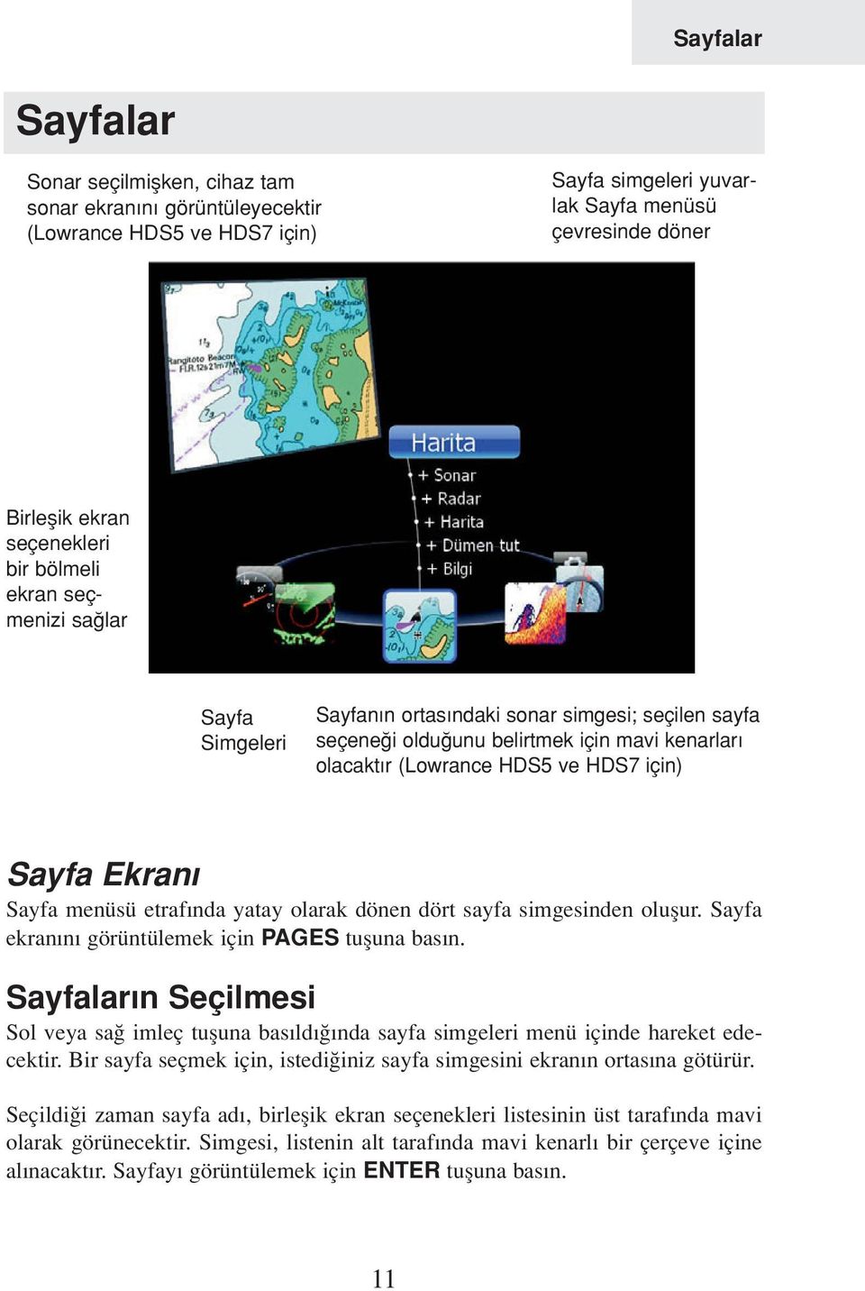 Sayfa menüsü etraf nda yatay olarak dönen dört sayfa simgesinden oluflur. Sayfa ekran n görüntülemek için PAGES tufluna bas n.