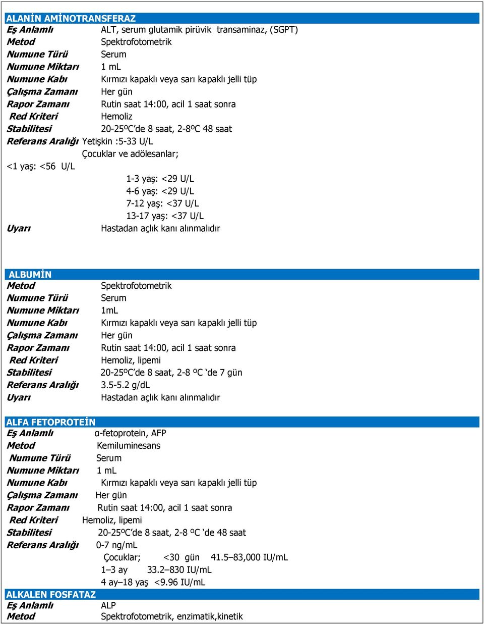 Numune Kabı Çalışma Zamanı Rapor Zamanı Referans Aralığı Spektrofotometrik Serum 1mL Kırmızı kapaklı veya sarı kapaklı jelli tüp Her gün Rutin saat 14:00, acil 1 saat sonra Hemoliz, lipemi 20-25ºC de