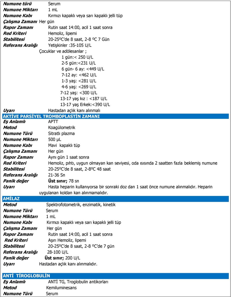 PARSİYEL TROMBOPLASTİN ZAMANI APTT Koagülometrik Numune Türü Sitratlı plazma Numune Miktarı 500 µl Numune Kabı Mavi kapaklı tüp Rapor Zamanı Aynı gün 1 saat sonra Hemoliz, pıhtı, uygun olmayan kan