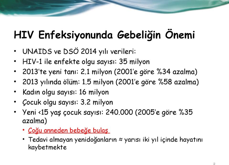 5 milyon (2001 e göre %58 azalma) Kadın olgu sayısı: 16 milyon Çocuk olgu sayısı: 3.