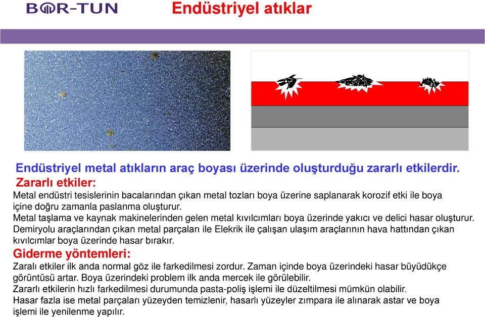 Metal taşlama ve kaynak makinelerinden gelen metal kıvılcımları boya üzerinde yakıcı ve delici hasar oluşturur.