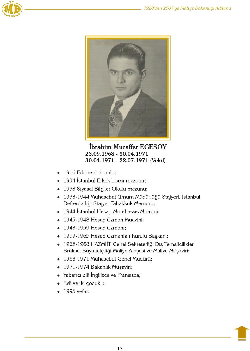 1971 (Vekil) 1916 Edirne doğumlu; 1934 İstanbul Erkek Lisesi mezunu; 1938 Siyasal Bilgiler Okulu mezunu; 1938-1944 Muhasebat Umum Müdürlüğü Stajyeri, İstanbul