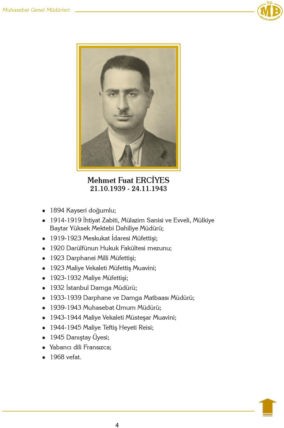 Müfettişi; 1920 Darülfünun Hukuk Fakültesi mezunu; 1923 Darphanei Milli Müfettişi; 1923 Maliye Vekaleti Müfettiş Muavini; 1923-1932 Maliye Müfettişi;