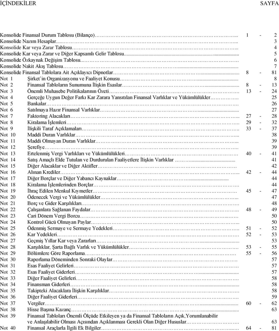 .. 8 Not 2 Finansal Tabloların Sunumuna İlişkin Esaslar... 8-13 Not 3 Önemli Muhasebe Politikalarının Özeti.
