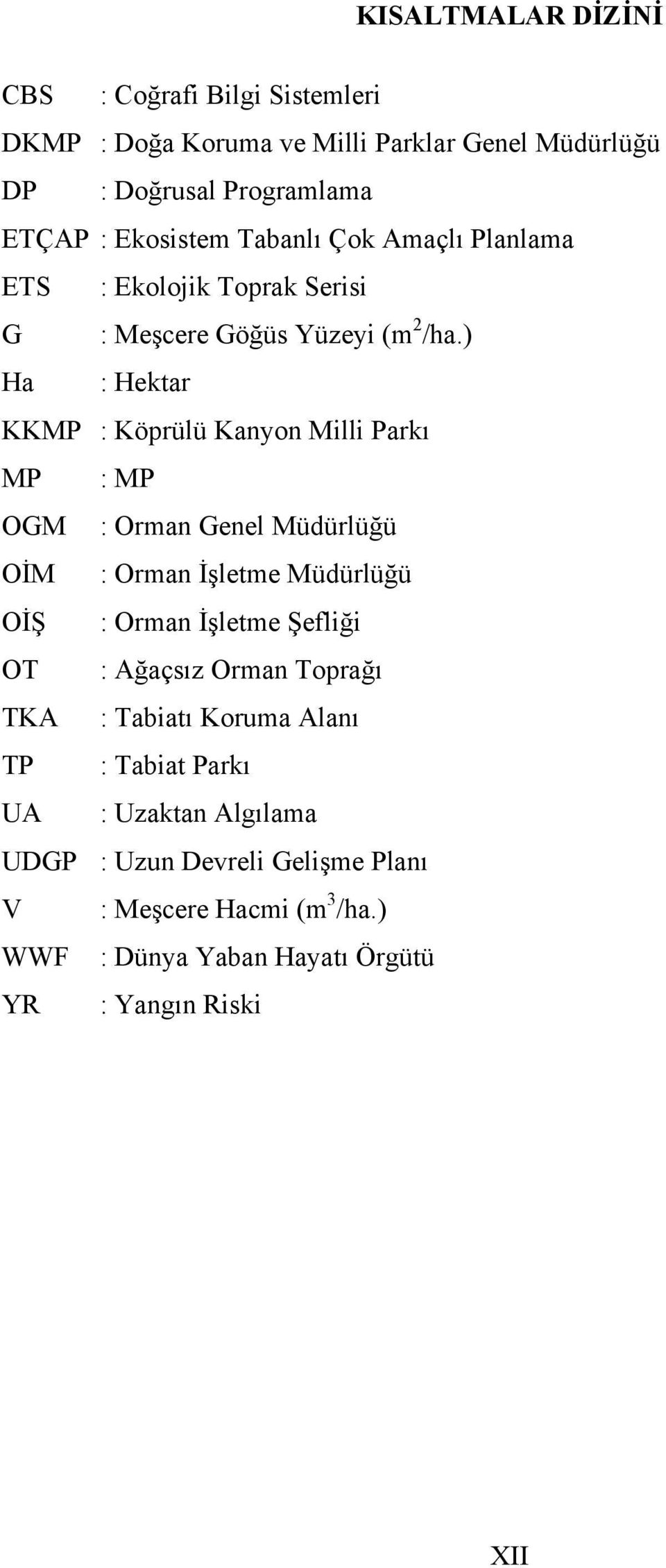 ) Ha : Hektar KKMP : Köprülü Kanyon Milli Parkı MP : MP OGM : Orman Genel Müdürlüğü OİM : Orman İşletme Müdürlüğü OİŞ : Orman İşletme Şefliği OT :